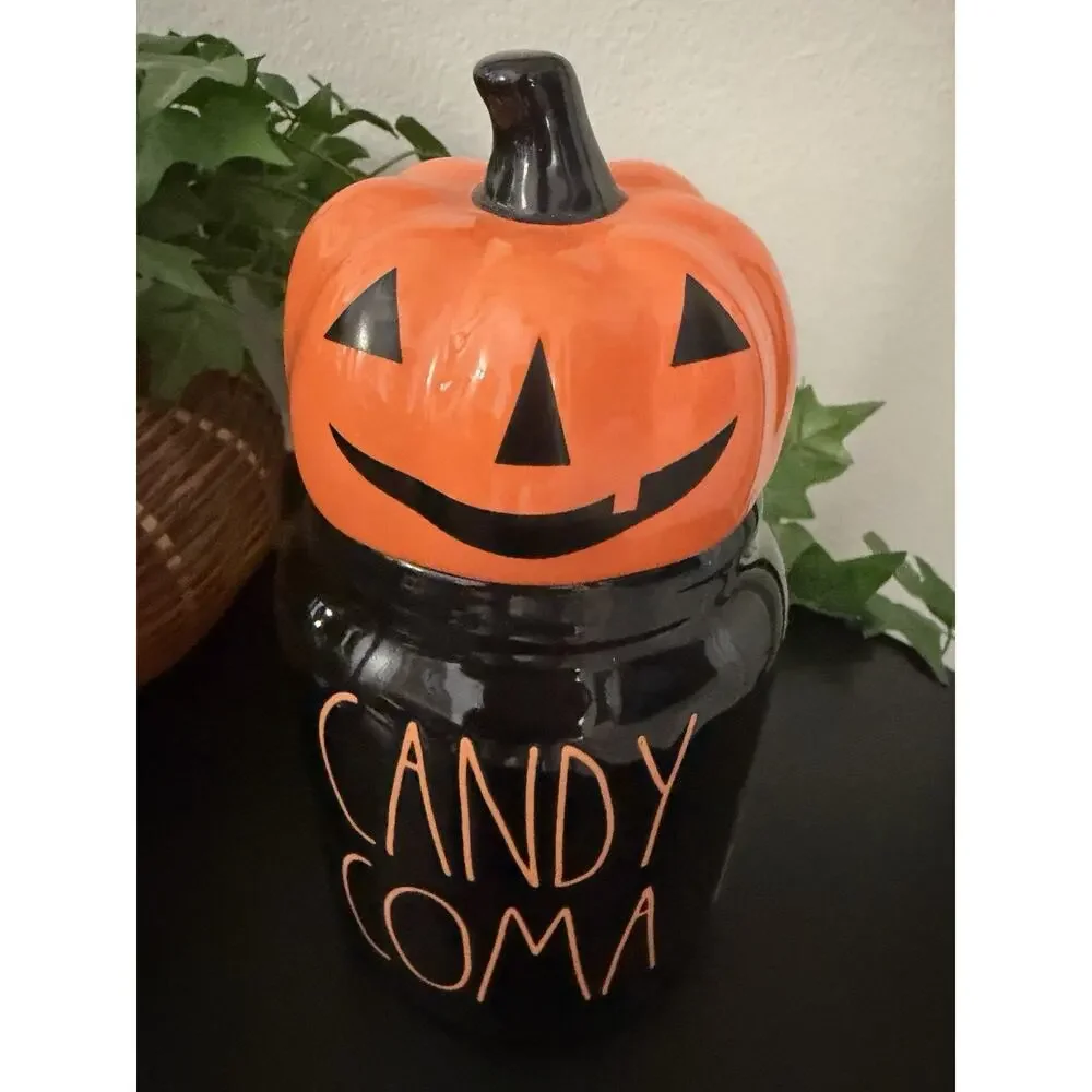 Rae Dunn “Candy Coma” Pumpkin Head On Black Canister No Box